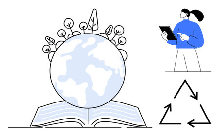 Earth with plants growing from an open book, person using tablet, recycling symbol. Ideal for education, sustainability, environmental awareness, eco-friendly practices, renewable energy, globalのイラスト素材