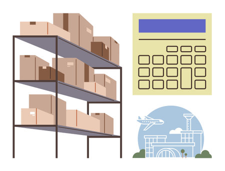Stacked shelves of packages, an oversized calculator, and an airport terminal outline logistics, shipping, cost management, and global trade. Ideal for delivery, business, inventory e-commerceのイラスト素材