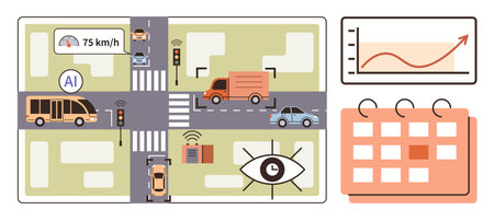Smart city intersection with AI-controlled traffic, vehicles, sensors, and cameras. Includes dashboard charts and a calendar. Ideal for transportation, urban planning, technology, AI innovationのイラスト素材