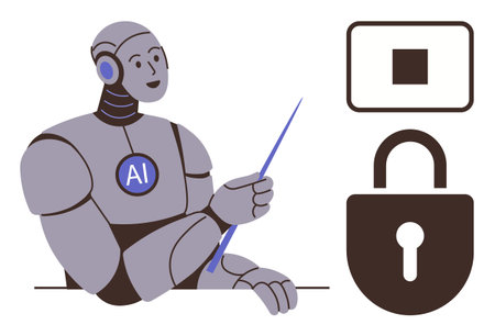 AI robot holding pointer beside lock and power switch symbols, emphasizing privacy, technology, cybersecurity. Ideal for AI, education, safety, innovation, data protection secure access simple flatのイラスト素材