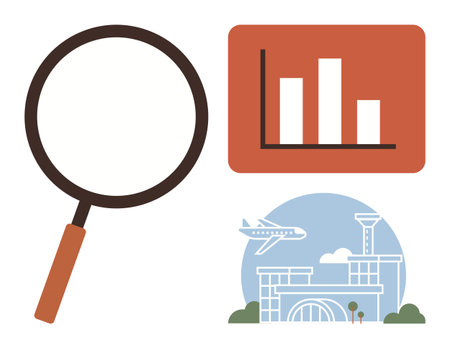 Magnifying glass, bar graph, and airport building with flying airplane combine to represent research, data analysis, and travel-related studies. Ideal for business, research, statistics, travelのイラスト素材
