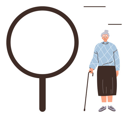 Elderly woman holding a walking cane stands beside oversized magnifying glass. Ideal for elder support, aging awareness, healthcare, accessibility, insight, community, and assistance. Simple flatのイラスト素材