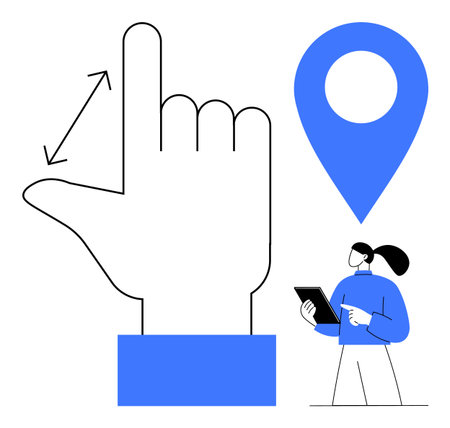Hand gesture pointing action, large location pin near a person holding tablet, suggesting user interaction, navigation, location services, travel planning, tech guides, and real-time directionsのイラスト素材
