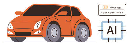 Compact orange car reflects AI technology with a digital messaging system. Ideal for innovation, technology, transportation, AI automation, communication, smart vehicles, and futuristic conceptsのイラスト素材