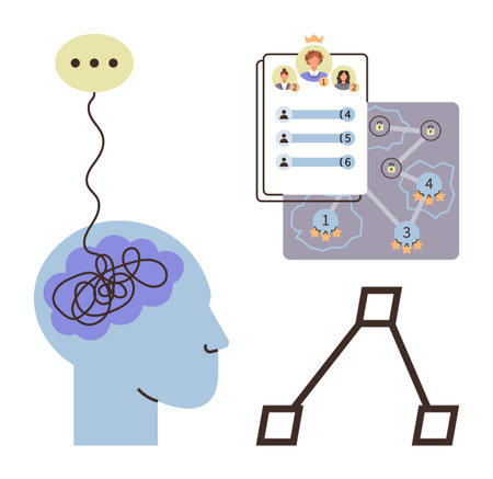 Brain with tangled thoughts, speech bubble, hierarchy chart, and network structure. Ideal for team management, problem-solving, creativity, decision-making, communication strategy planningのイラスト素材