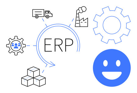 Central ERP with factory, truck, people, gear, happy face, and boxes. Ideal for processes, automation, software business management collaboration workflow simple landing pageのイラスト素材