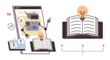 Robot emerging from smartphone interacts with open book, light bulb idea icon, and translation tools. Ideal for education, technology, AI, innovation, e-learning creativity and knowledge. Simpleのイラスト素材