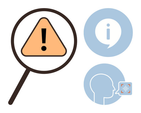Magnifying glass focuses on a caution sign, alongside an information i icon and a head with a voice recognition graphic. Ideal for safety, alert, communication, AI, evaluation, focus support. Clearのイラスト素材