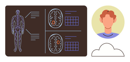Human anatomy diagram with detailed brain analysis, neural mapping, and grids. Nearby, a human profile represents identity or emotions. Ideal for healthcare, neurology, research, education mentalのイラスト素材