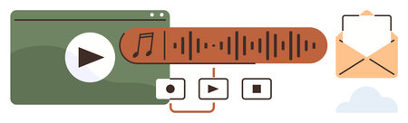 Media player interface with play button, sound wave, playback controls, email, and cloud. Ideal for content creation, communication, multimedia, technology streaming collaboration and storageのイラスト素材