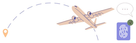 Airplane on flight path heading to a location pin, with biometric fingerprint authentication, chat bubble, and tick mark. Ideal for travel, aviation, security, navigation, communication technologyのイラスト素材
