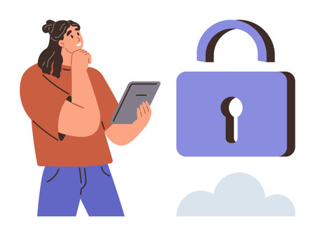 Woman holding tablet, pondering digital security symbolized by a large padlock and subtle cloud graphic. Ideal for cybersecurity, online privacy, digital safety, technology, cloud storage, dataのイラスト素材