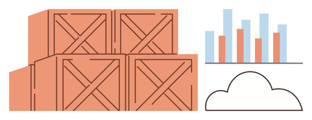 Stacked wooden crates, bar charts, and a cloud icon highlight supply chain, analysis, and...