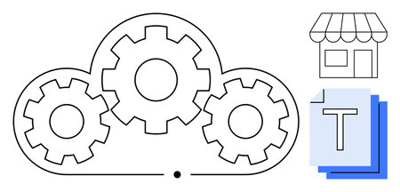 Cloud outline with gears symbolizing synchronization, small storefront for commerce, layered documents for file sharing. Ideal for technology, cloud solutions, automation, business, text processingのイラスト素材