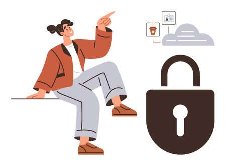 Woman gestures towards cloud storage and ID card icons beside a large padlock, emphasizing secure data accessibility. Ideal for technology, privacy, cybersecurity, cloud computing, online identityのイラスト素材