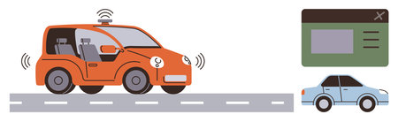 Self-driving car emitting sensor signals, control dashboard interface, and traditional car on a highway. Ideal for automation, AI, technology, transportation innovation, smart vehicles, mobilityのイラスト素材