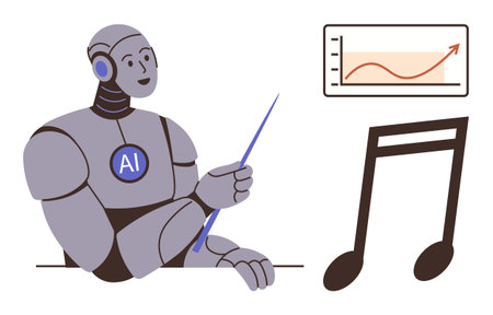 Robot labeled AI holding baton, guiding music notes while observing a growth chart. Ideal for AI, music, technology, data analysis, innovation, creativity education. Simple flat metaphorのイラスト素材