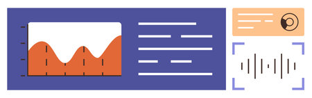 Graph with fluctuating data, textual details, user avatar, and sound wave icon. Ideal for technology, analytics, sound design, creativity digital tools education interface design. Simple flatのイラスト素材