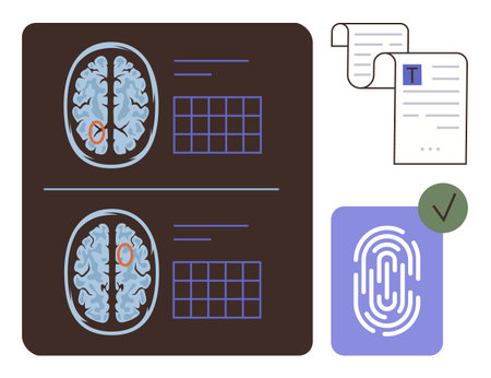Brain scan results with highlighted areas, medical documents, verification checkmark, and biometric fingerprint. Ideal for healthcare, neurology, analysis, documentation, decision-makingのイラスト素材