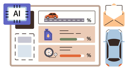Dashboard with AI chip, graphs showing car performance, oil level, tire pressure, and open envelope. Ideal for technology, automotive, smart systems, data tracking car diagnostics efficiencyのイラスト素材