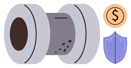 Industrial roller with rust patches, accompanied by shield and dollar icons symbolizing care, cost management, durability, and risk prevention. Ideal for industry, manufacturing, maintenanceのイラスト素材