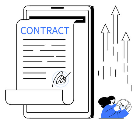 Digital contract displayed on a tablet with signature, upward arrows, and a person analyzing data. Ideal for technology, business, legal, growth, efficiency digitalization teamwork. Clean flatのイラスト素材