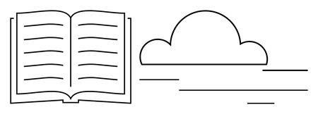 Open book alongside cloud and dynamic lines symbolizing knowledge sharing, creativity, innovation, and imagination. Ideal for education, storytelling, content creation, reading, literature knowledgeのイラスト素材