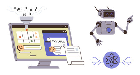 Computer screen displaying invoice processing with AI assistance, funneling data input, and robotic automation. Ideal for technology, AI, robotics, finance, innovation automation efficiency. Simpleのイラスト素材