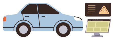 Blue sedan next to a monitor and warning alert screen highlighting vehicle diagnostics, maintenance, and driver safety. Ideal for technology, car repair, data analysis, safety, transportation, repairのイラスト素材
