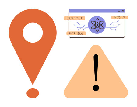 Map location pin, triangular warning sign, and science-based web programming interface highlight alert, research, and technology tracking. Ideal for technology, coding, education, IT navigationのイラスト素材
