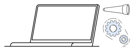 Open laptop with gears symbolizing process and improvement, telescope highlighting vision and foresight. Ideal for innovation, technology, strategy, research, teamwork, planning education. Simpleのイラスト素材