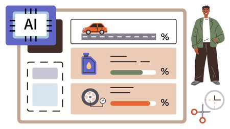 Car tracking dashboard featuring AI chip, vehicle, oil indicator, tire status user figure observing data. Ideal for automotive monitoring, AI, analytics, user interface, smart tools efficiency techのイラスト素材