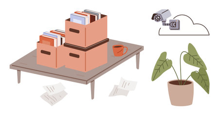 Storage boxes with books and papers on a table, security camera linked to cloud, and potted plant. Ideal for organization, security, workspace, productivity, storage minimalism technology. Simpleのイラスト素材