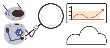 Robot examining data trends using a magnifying glass, a rising graph, and cloud storage. Ideal for AI, analytics, technology, innovation, research cloud solutions digital growth. Simple flatのイラスト素材