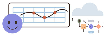 Data graph tracking points, connected AI process diagram linking cloud computing and analytics, and a smiling face. Ideal for technology, AI, data science, cloud computing, innovation, progressのイラスト素材