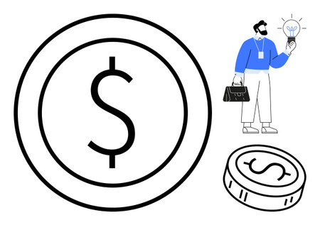 Large coin with dollar sign, businessman holding lightbulb and briefcase, small coin. Ideal for finance, innovation, business idea, investment, entrepreneurial growth savings budgeting. Simple flatのイラスト素材