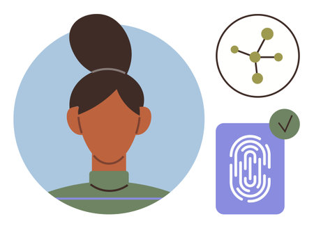 Woman portrait with connected nodes and fingerprint authentication. Ideal for identity verification, biometrics, digital security, technology, network connection, artificial intelligence, simple flatのイラスト素材