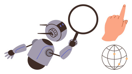Robot examining with magnifying glass, pointing hand, globe with marked nodes. Ideal for AI, search, exploration, automation, innovation technology teamwork. A simple flat metaphorのイラスト素材