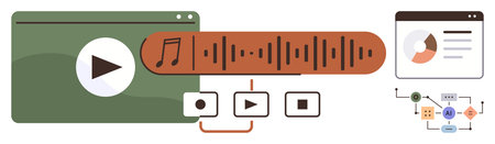 Media player interface with play controls, audio wave, pie chart, and linked workflow diagram. Ideal for technology, media production, analytics, creativity, education communication visualのイラスト素材