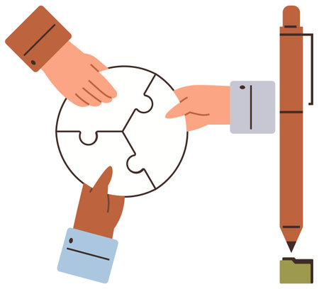 Hands of diverse individuals combining puzzle pieces, signifying teamwork, collaboration, and unity. Pen symbolizing ideas and creativity. Ideal for teamwork, strategy, problem-solvingのイラスト素材