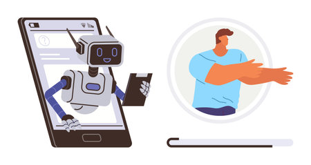 Robot emerging from smartphone holds clipboard, interacting with a remotely connected person. Ideal for AI, technology, virtual assistance, communication, customer service, innovation, teamworkのイラスト素材
