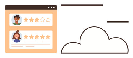 Webpage mockup featuring user ratings, star format, cloud element, and minimalistic design. Ideal for feedback, customer experience, online surveys, user interface, tech innovation SaaS simple flatのイラスト素材