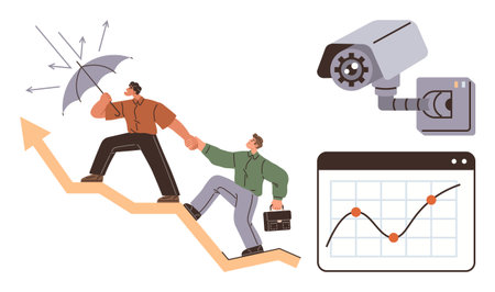 Two professionals climb an upward arrow as teamwork and support drive progress. Security camera ensures protection, while graph symbolizes statistical growth. Ideal for teamwork, security, businessのイラスト素材
