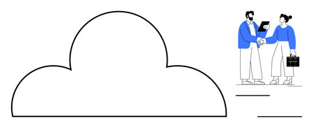Two business professionals shaking hands near a large cloud, symbolizing cloud technology, teamwork,...