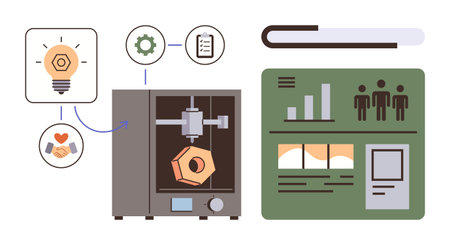 3D printer crafting object, innovation lightbulb, teamwork handshake, analytics dashboard, and gears linked. Ideal for innovation, collaboration, 3D printing, data analysis creativity developmentのイラスト素材
