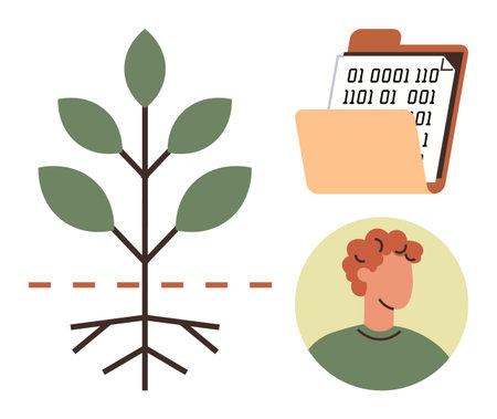 Plant with roots and leaves, binary data in a folder, smiling person portrait. Ideal for nature, growth, sustainability, technology, environment data management connection. Simple flat metaphorのイラスト素材