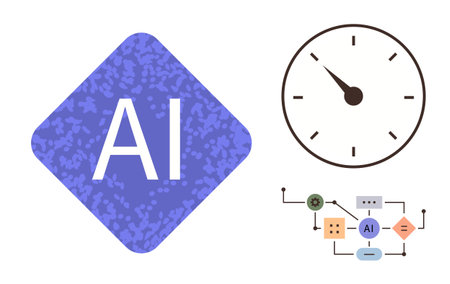 AI diamond shape, clock indicating time, and process flowchart representing automation, innovation, productivity, and analytical thinking. Ideal for time management, strategy, data scienceのイラスト素材