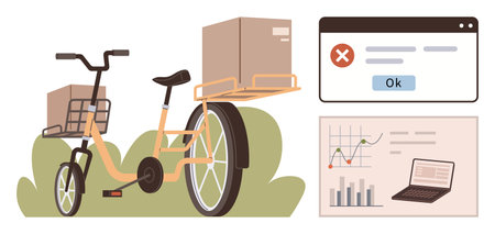 Cargo bike with parcels parked outdoors, error message pop-up, and business graph with laptop. Ideal for logistics, e-commerce, sustainability, challenges, errors analytics consumer. Minimalisticのイラスト素材