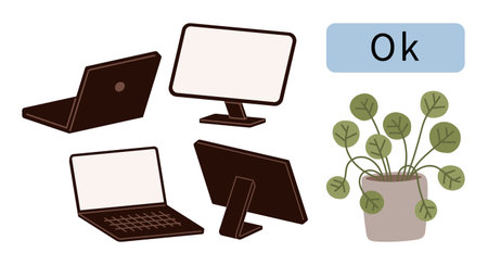 Laptops, monitors, potted plant, and approval label. Ideal for technology, multitasking, productivity, eco-friendly workspaces modern offices usability balance themes. A simple flat metaphorのイラスト素材