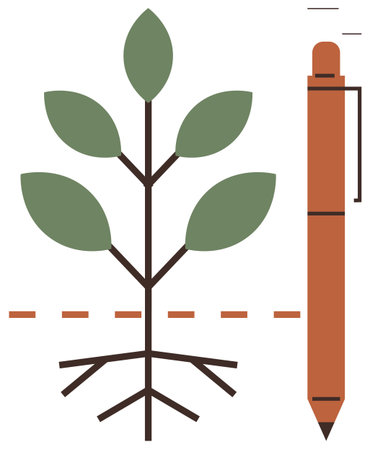 Visual of green plant with roots, dotted line for soil level, and orange pen for scale. Ideal for agriculture, biology, education, science, environmental sustainability, research simple flat metaphorのイラスト素材